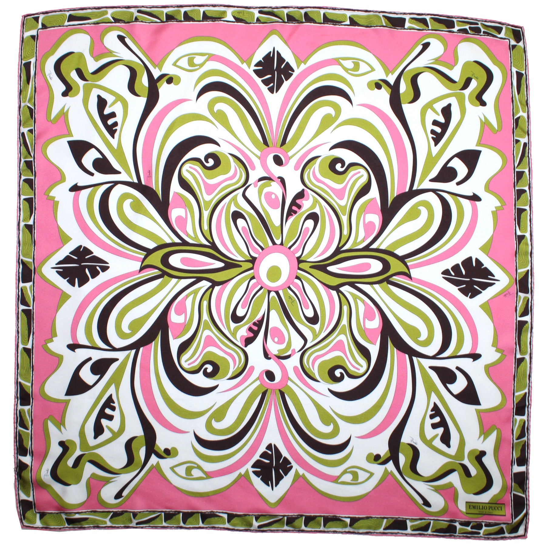 Emilio Pucci Scarf Pink Lime Black Swirl Floral - Twill Silk Square Foulard