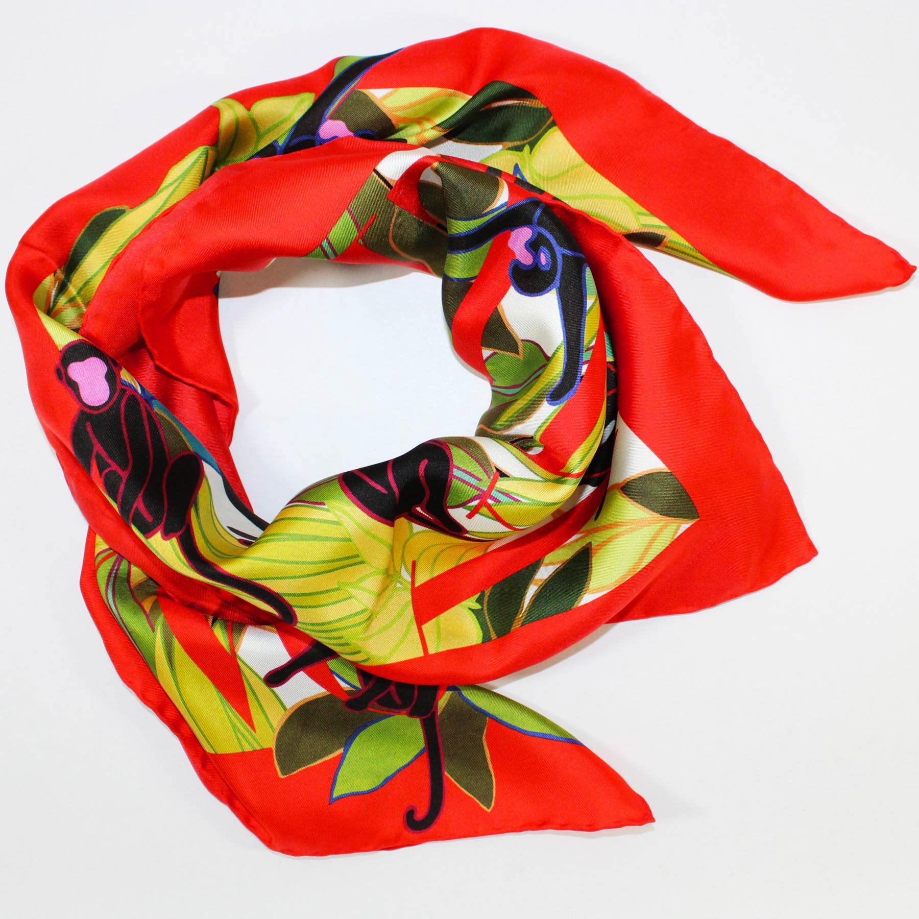 Valentino Scarf Red Green Monkey Design 36" Square Twill Silk Women - Como