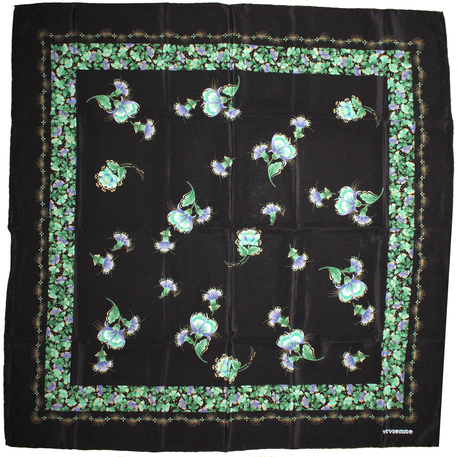 Vivienne Silk Scarf Black Green Purple Floral Design - Large 35 Inch Square Scarf SALE